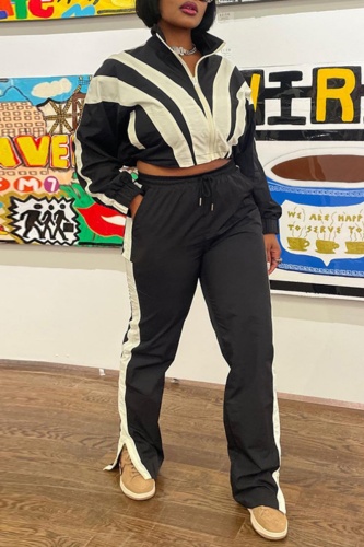 Green Sportwear Contrast Zip-up Stand Collar Long Sleeve Jacket and Slit Straight Sweatpants Fall Winter Tatting Two Pieces Sweatsuit Sets
