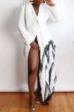 White Abstract Detail Long Sleeve High Slit Irregular Hem Statement Gown Formal Cocktail Party Formal Blazer Maxi Dress