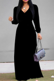 Black Lace Up V Neck Long Sleeve Floor Length Lace Up Slim Fit Casual A Line Vacation Maxi Dress