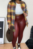 Yellow Casual Plaid Print Buckle Turndown Collar Long Sleeve Plus Size Jackets