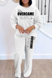 White Sportwear Casual Letter Print Round Neck Long Sleeve Sweatshirt and Straight Leg Sweatpants Fall Winter Two Pieces Sweatsuits Sets