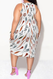 White Brown Casual Letter Gradient Print Irregular U Neck Irregular Hem Plus Size Midi Tank Dresses