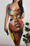 Light Khaki Artistic African Portrait Print Sleeveless U Neck Wrapped Skirt Bodycon Midi Tank Dresses
