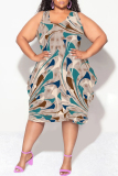 White Brown Casual Letter Gradient Print Irregular U Neck Irregular Hem Plus Size Midi Tank Dresses