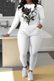 White Sportwear Casual Floral Print Round Neck Long Sleeve Sweatshirt and Pencil Sweatpants Fall Winter Two Pieces Sweatsuits Sets