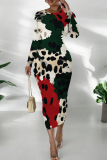 Blue Geometric African Print O Neck Long Sleeve Casual Outing Bodycon Pencil Midi Dress