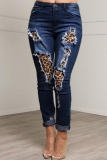Casual Skinny Leopard Patchwork Ripped Patch Mid Waist Pencil Denim Jeans