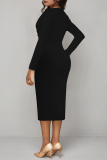 Black Formal Office Lady Ruched V Neck Long Sleeve One Step Skirt Bodycon Midi Dresses