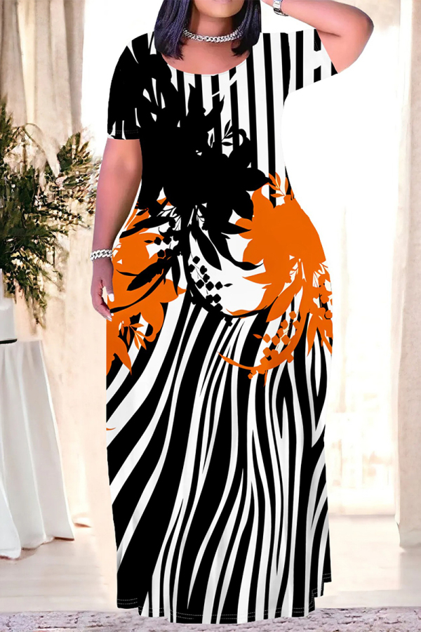 Black White Casual Floral Stripe Print O Neck Long Sleeve Straight Loose Vacation Plus Size Maxi T-shirt Dresses