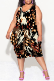 White Brown Casual Letter Gradient Print Irregular U Neck Irregular Hem Plus Size Midi Tank Dresses
