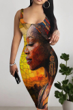 Light Khaki Artistic African Portrait Print Sleeveless U Neck Wrapped Skirt Bodycon Midi Tank Dresses