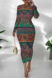 Blue Geometric African Print O Neck Long Sleeve Casual Outing Bodycon Pencil Midi Dress