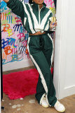 Green Sportwear Contrast Zip-up Stand Collar Long Sleeve Jacket and Slit Straight Sweatpants Fall Winter Tatting Two Pieces Sweatsuit Sets