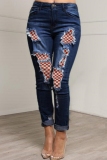 Casual Skinny Leopard Patchwork Ripped Patch Mid Waist Pencil Denim Jeans