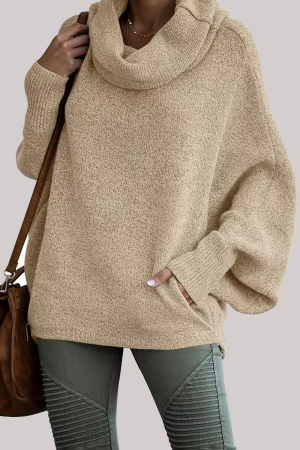 Dark Grey Loose Casual Knitting Turtleneck Long Batwing Sleeve Fall Winter Sweater Blouses Tops