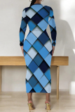 Blue Geometric African Print O Neck Long Sleeve Casual Outing Bodycon Pencil Midi Dress
