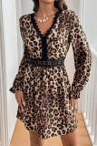 Leopard Print V-Neck Long Sleeve Lace Trim Belted Waist Casual Outings Streetwear Mini Dress