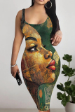 Light Khaki Artistic African Portrait Print Sleeveless U Neck Wrapped Skirt Bodycon Midi Tank Dresses