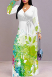 Grass Green Casual Floral Print V Neck Three Quarter Lace Up Formal Party Evening Vacation A Line Maxi Dresses