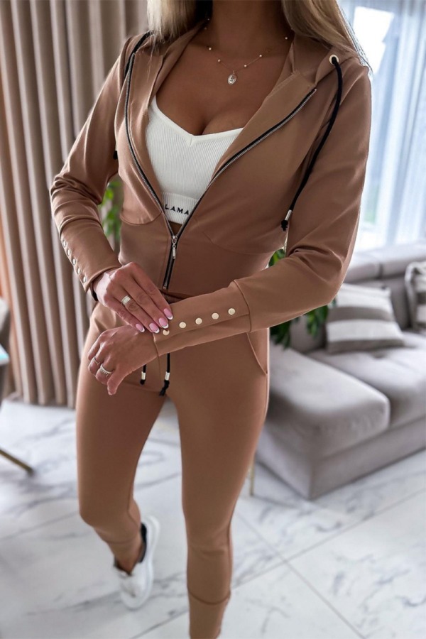 Khaki Sportwear Skinny Zip-up Hooded Long Sleeve Jacket and Pencil Sweatpants Fall Winter Two Pieces Sweatsuit Sets
