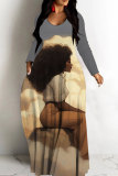 White Casual Figure Print O Neck Long Sleeve Loose Vacation Long Plus Size Maxi Dress