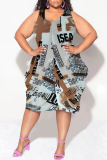 White Brown Casual Letter Gradient Print Irregular U Neck Irregular Hem Plus Size Midi Tank Dresses