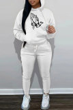 White Sportwear Casual Letter Print Hooded Long Sleeve Sweatshirt and Pencil Sweatpants Fall Winter Two Pieces Sweatsuits Sets