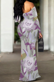 Apricot Floral Print Off Shoulder Long Flutter Sleeve Mermaid Hem Vacation Boho Maxi Dress