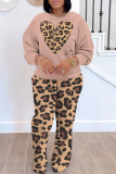Dark Grey Sportwear Casual Letter Lip Leopard Print Round Neck Long Sleeve Sweatshirt and Straight Sweatpants Fall Winter Two Pieces Sweatsuits Sets