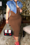 Brown Casual Backless Sleeveless Spaghetti Strap Long Bodycon Midi Slip Dresses