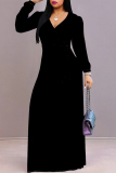 Black Lace Up V Neck Long Sleeve Floor Length Lace Up Slim Fit Casual A Line Vacation Maxi Dress