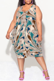 White Brown Casual Letter Gradient Print Irregular U Neck Irregular Hem Plus Size Midi Tank Dresses