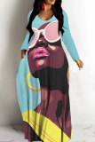 White Casual Figure Print O Neck Long Sleeve Loose Vacation Long Plus Size Maxi Dress