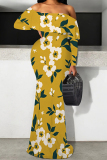 Apricot Floral Print Off Shoulder Long Flutter Sleeve Mermaid Hem Vacation Boho Maxi Dress