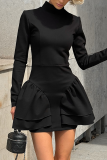 Black Evening Formal Party Zipper Turtleneck Long Sleeve Ruffle Hem A Line Sweater Mini Dresses