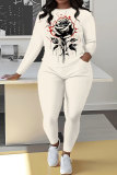 White Sportwear Casual Floral Print Round Neck Long Sleeve Sweatshirt and Pencil Sweatpants Fall Winter Two Pieces Sweatsuits Sets