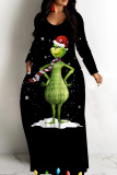 Multicolor Casual Santa Claus Print O Neck Long Sleeve Straight Loose Vacation Plus Size Maxi T-shirt Dresses