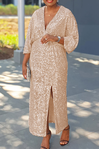 Off White African Print Evening Formal Party Gown Sequins V Neck 3/4 Sleeve Front Slit Long Glitter Maxi Dress