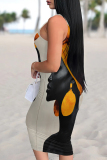 Light Khaki Artistic African Portrait Print Sleeveless U Neck Wrapped Skirt Bodycon Midi Tank Dresses
