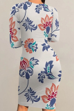 Apricot Floral Letter Print O Neck Long Sleeve Casual Outing Bodycon Pencil Midi Dress