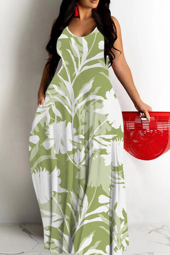 Light Green Floral Print Sleeveless Backless Spaghetti Strap Casual Outing Straight Loose Maxi Dress