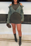 Green Casual O Neck Long Sleeve Hollow Out Off-Shoulder Overlay Bodycon Denim Mini Dresses