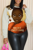 Red Loose Casual African Girl Print Round Neck Long Sleeve Fall Winter  Fleece-lined Sweatshirt Tops