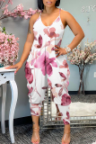 Red Vacation Sexy Casual Loose Floral Print Backless Spaghetti Strap Harem Cami Jumpsuits