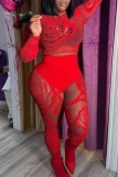 Red Skinny Party Club Mesh Round Neck Long Sleeve Crop Tops and Pencil Pants Two Pieces Matching Sets