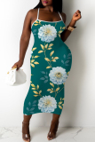 Dark Green Casual Floral Print Sleeveless Backless Spaghetti Strap U Neck Vacation Bodycon Maxi Slip Dress