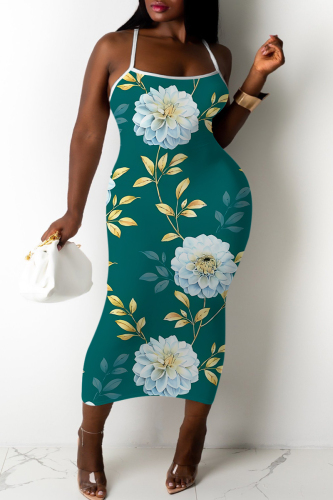 Dark Green Casual Floral Print Sleeveless Backless Spaghetti Strap U Neck Vacation Bodycon Maxi Slip Dress