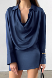 Blue Ruched Irregular Pile Heap Collar Long Sleeve Formal Office Lady Mini Satin Shirt Dresses