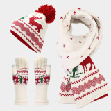 Red Christmas Reindeer Pattern Wapiti Contrast Knitted Hat Scarf Gloves Set