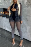 Black Party Club Sexy Hot Knitted Cut Out See-Through Round Neck Long Sleeve Skinny Jumpsuits